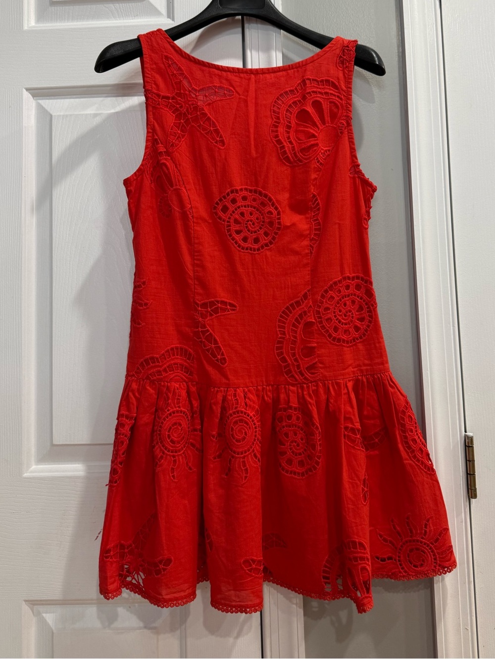 Caroline Constas Bright Red Eyelet Sleeveless Drop-Waist Dress